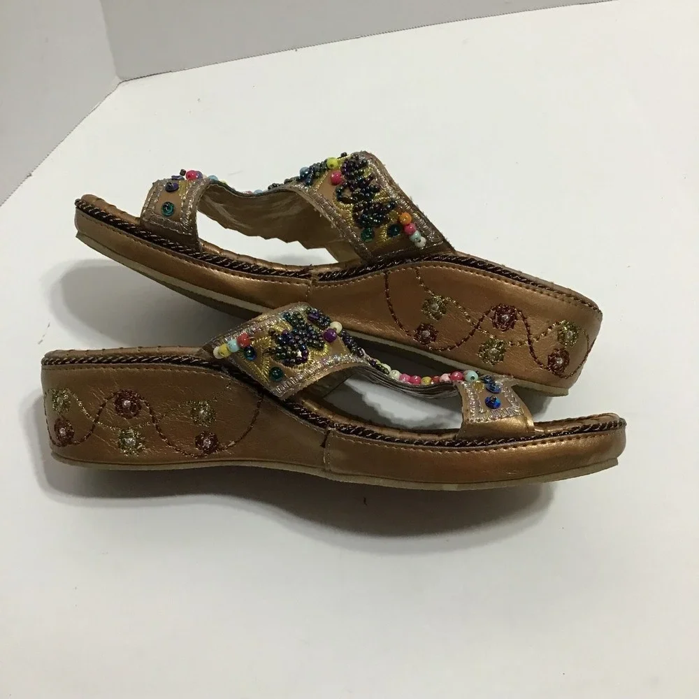 John Fashion Bronze Beaded Wedge Sandal Boho T-Strap Flip Flop Multi Color Beads